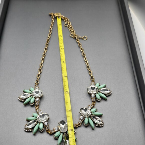 J.Crew Rhinestone & Acrylic Statement Necklace 16" Antique Gold Tone Mint Green - Picture 6 of 7